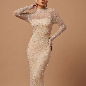 Nude mother of the bride dress.Bridesmaid.Wedding guest fitted embellished gown